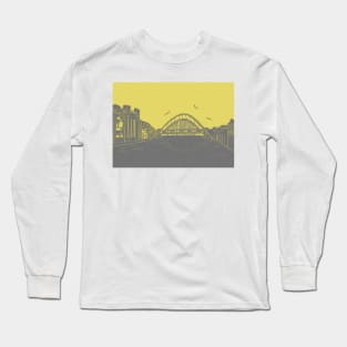 Tyne Bridge and Bridges of NewcastleGateshead Quayside Linocut in Yellow and Grey Long Sleeve T-Shirt